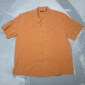 6A Shirt Mens Large Orange Silk Cotton Short Sleeve Button Front Camp Jacquard